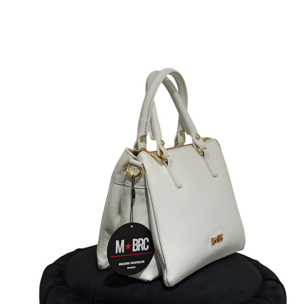 Borsa Mbrc Massimo Braccialini realizzata in Vera Pelle di Colore Bianca dalle dimensioni Medio Piccole da portare a Mano o mediante Tracolla removibile.