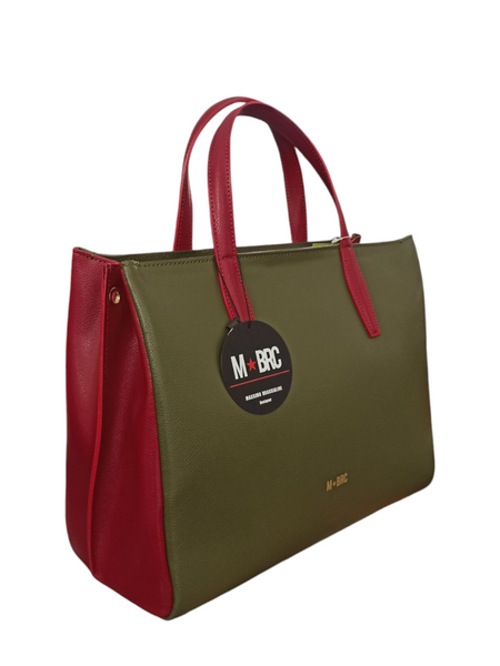 borsa a mano con tracolla mbrc di massimo braccialini in palmellato di colore verde e rossa.