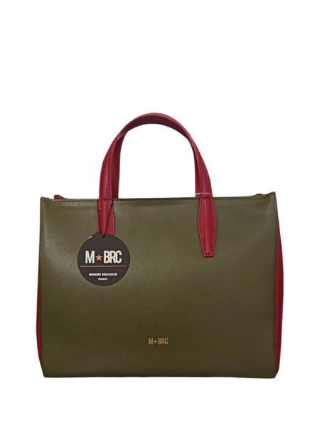 borsa a mano con tracolla mbrc di massimo braccialini in palmellato di colore verde e rossa.