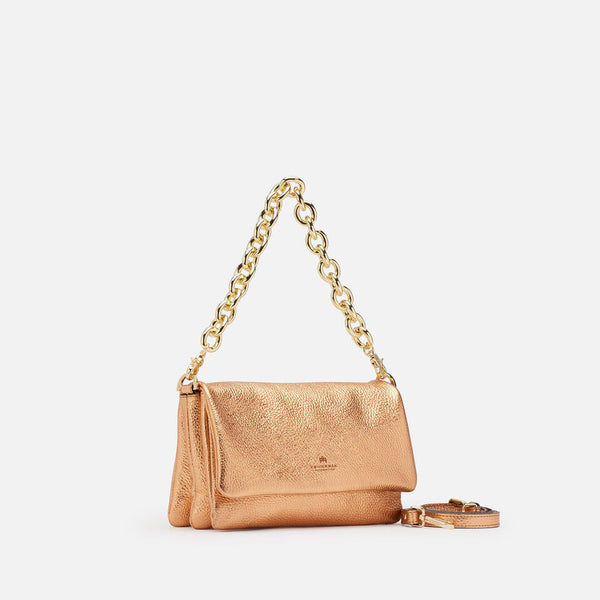 Una Borsa Elegante da portare a mano oppure a scelta mediante le due tracolle removibili in dotazione. Realizzata in morbida pelle di Vitello dal colore metallico e grintoso.