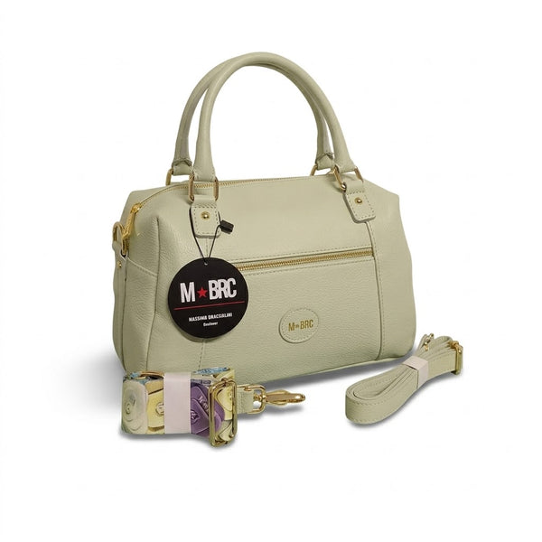 Bauletto in vera pelle mbrc con doppia tracolla di colore acqua.