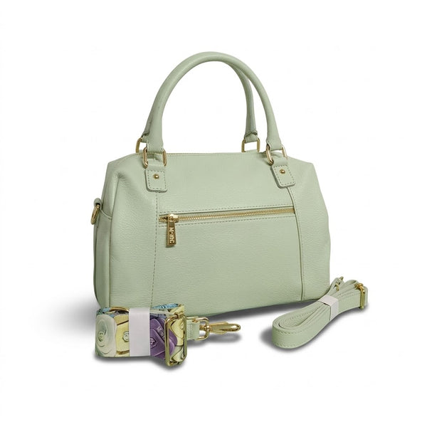 Bauletto in vera pelle mbrc con doppia tracolla di colore acqua.
