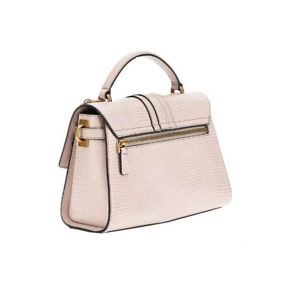 Vista posteriore e laterale della borsa Guess Ginevra rosa cipria, che mostra la silhouette rigida a trapezio, il manico superiore corto e la tasca esterna sul retro chiusa da una zip metallica.