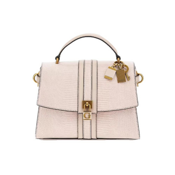 Borsa a mano e a tracolla Guess modello Ginevra in ecopelle rosa chiaro Light Rose con texture effetto lucertola, patta frontale, lucchetto decorativo dorato con logo G e charm pendenti metallici.