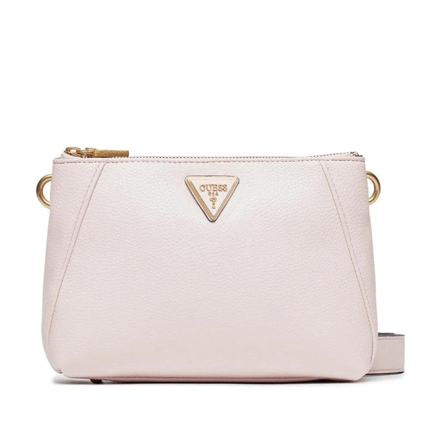 Testo alternativo: Borsa a tracolla Guess modello Laryn in morbida ecopelle rosa chiaro Light Rose con texture martellata, logo frontale a triangolo smaltato e chiusura superiore con zip dorata.