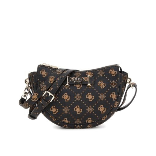 Borsa a tracolla Guess modello Sila colore Espresso Logo a mezzaluna con stampa monogram 4G marrone e nera, dettagli dorati e logo Guess Est 1981 frontale.