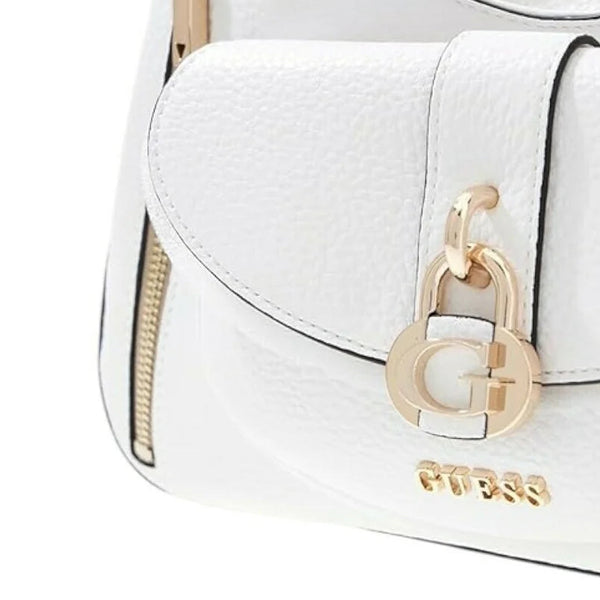 Borsa a mano Guess Gipsy bianca, elegante e versatile, con dettagli dorati, logo G e chiusura con zip. Dimensioni 32x16x9,5 cm.