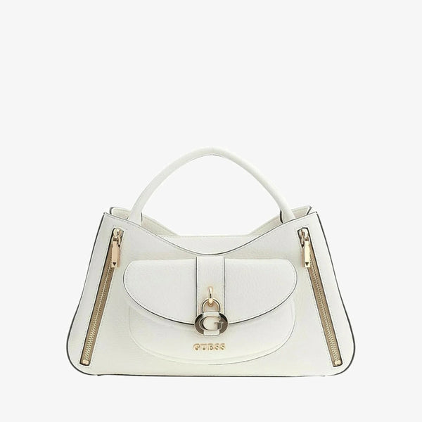 Borsa a mano Guess Gipsy bianca, elegante e versatile, con dettagli dorati, logo G e chiusura con zip. Dimensioni 32x16x9,5 cm.