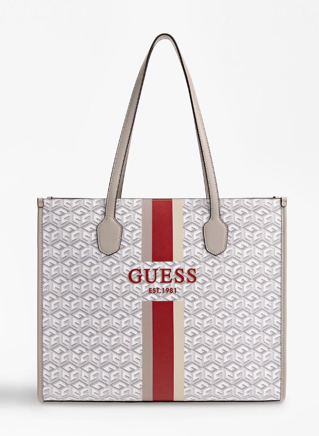 Borsa Shopper Guess modello Silvana colore Cube Logo variante Grigia. Scomparti interni tra cui uno a chiusura zip. Adatta anche come borsa da lavoro. 