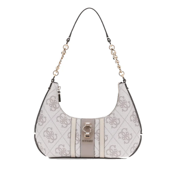 Borsa a spalla Guess di colore dark taupe logo.