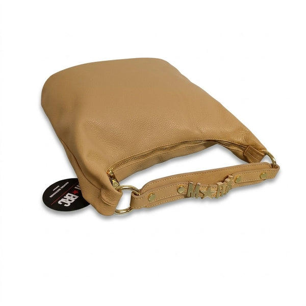 bORSA IN VERA PELLE mBRC MODELLO lETTERING COLORE cAMEL.