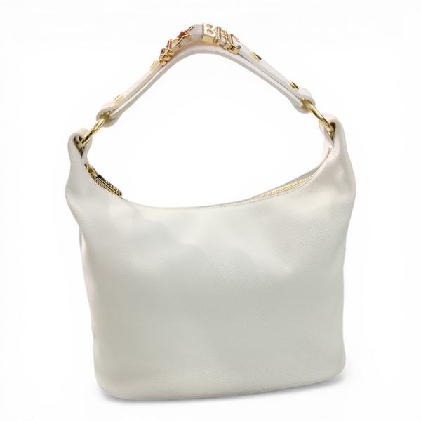 Scopri la borsa a tracolla e spalla MBRC H149 di Massimo Braccialini. In vera pelle martellata Bianca, con iconico lettering gioiello 3D Gold e doppia tracolla regolabile. Design capiente e versatilità Made in Italy per ogni outfit.