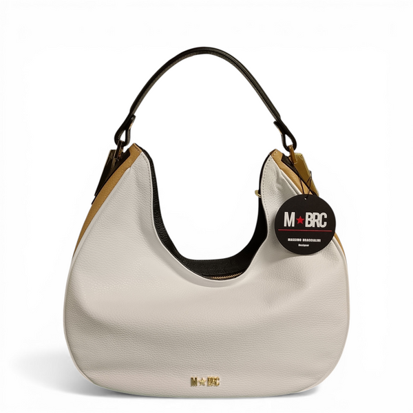 Borsa in vera pelle mbrc modello king colore camel bianco.
