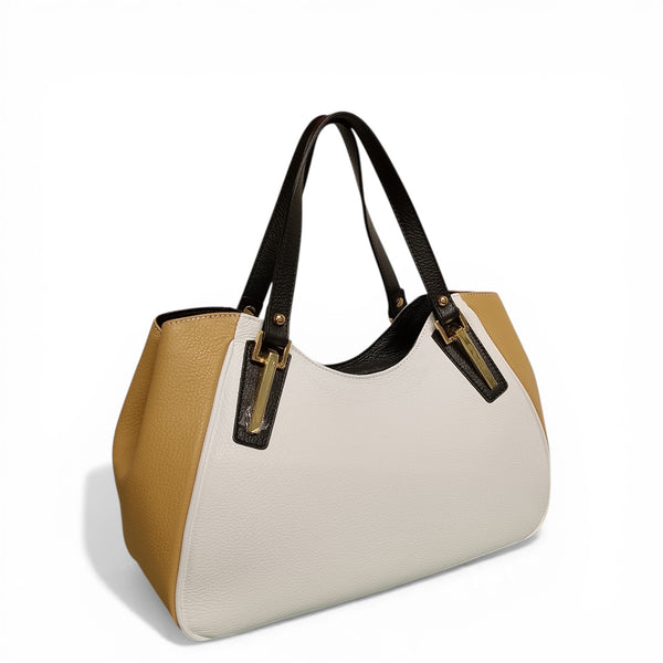 Borsa in vera pelle mbrc modello king colore camel bianco.