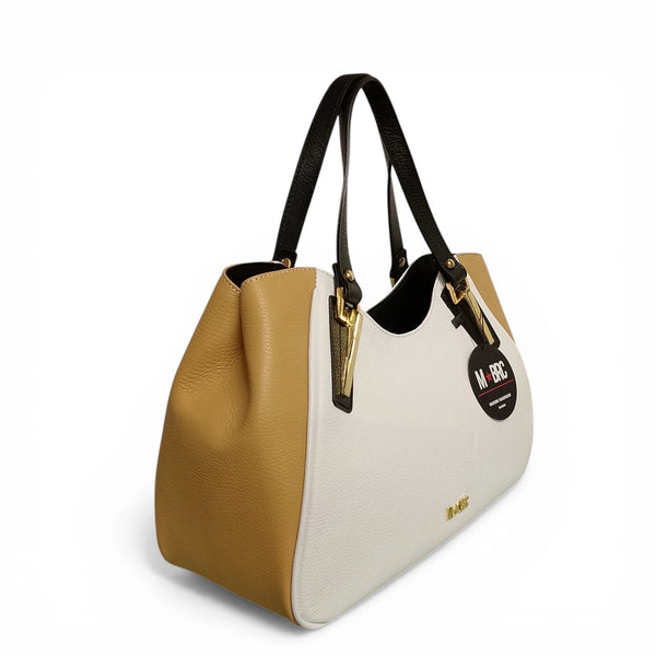 Borsa in vera pelle mbrc modello king colore camel bianco.