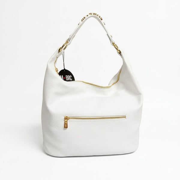 Borsa in vera pelle mbrc modello lettering di colore bianco.