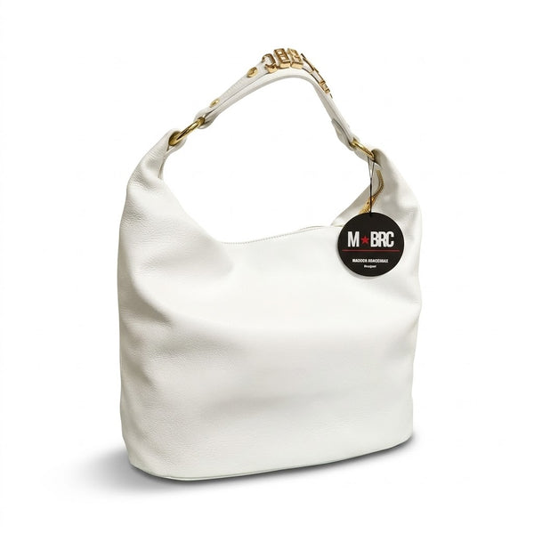 Borsa in vera pelle mbrc modello lettering di colore bianco.