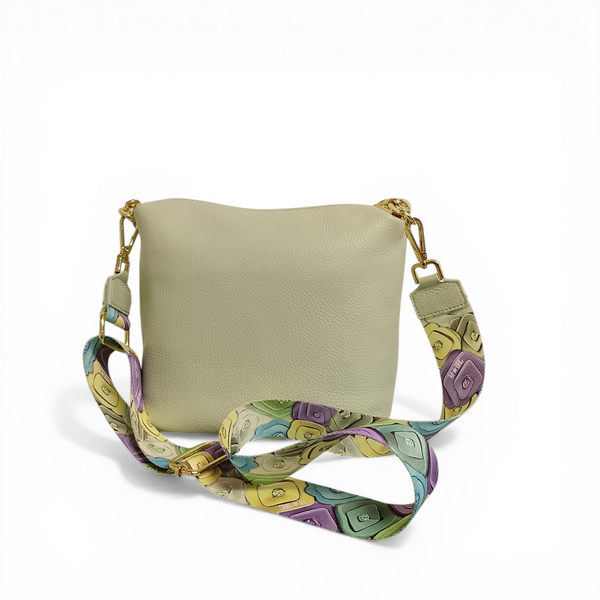 Borsa a mano MBRC Obona color acqua con catena dorata e borsa con tracolla in tessuto a fiori.