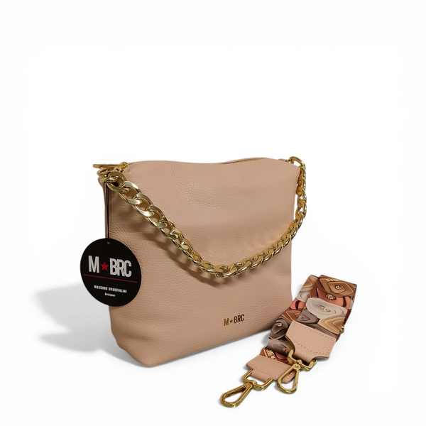 Borsa a spalla in vera pelle mbrc modello obona di colore cipria con doppia tracolla.h079.