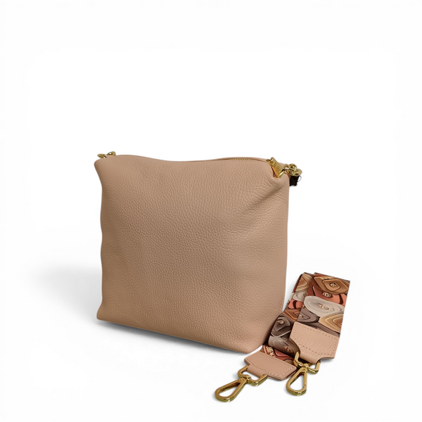 Borsa a spalla in vera pelle mbrc modello obona di colore cipria con doppia tracolla.h079.