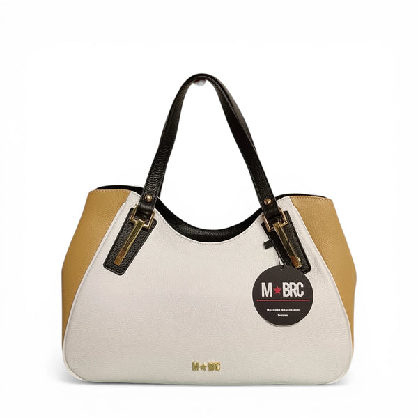 Borsa in vera pelle mbrc modello king colore camel bianco.