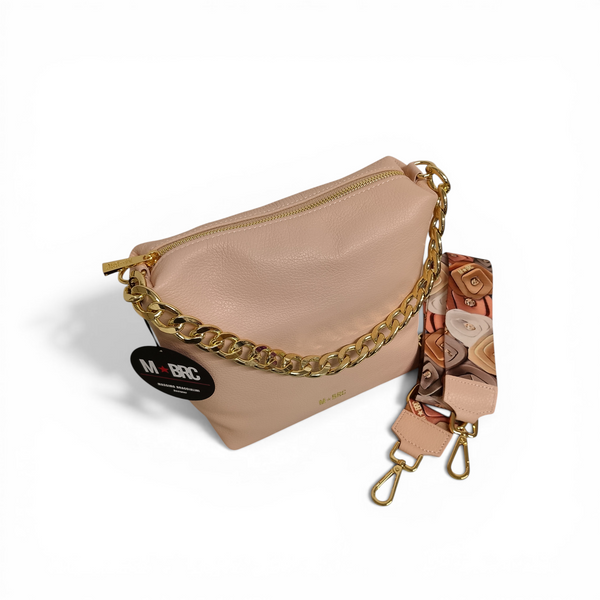 Borsa a spalla in vera pelle mbrc modello obona di colore cipria con doppia tracolla.h079.