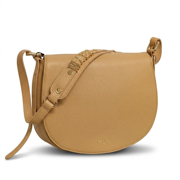 Borsa a tracolla in vera pelle Mbrc modello lettering di colore camel.