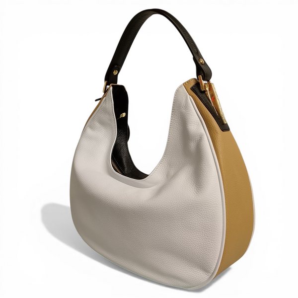 Borsa in vera pelle mbrc modello king colore camel bianco.