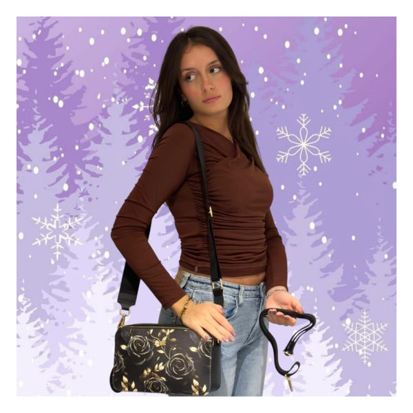 borsa a tracolla mbrc massimo braccialini modello palmellato colore oro con dettagli rose oro.