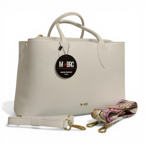 Borsa a mano con doppia tracolla in dotazione mbrc in vera pelle di colore bianco modello obona codice h057.