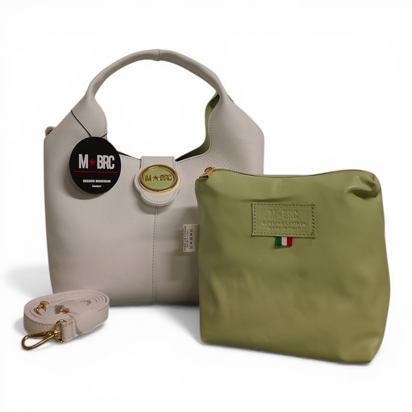 borsa in vera pelle mbrc odello double di colore bianco con interno verde mela h183.