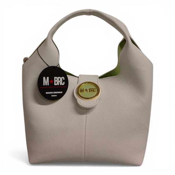 borsa in vera pelle mbrc odello double di colore bianco con interno verde mela h183.