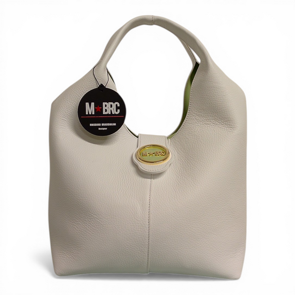 borsa in vera pelle a mano mbrc modello double di colore bianco h184.