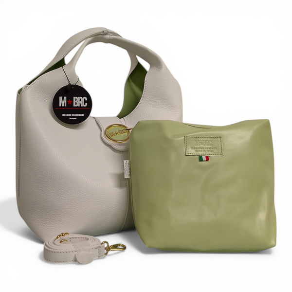 borsa in vera pelle a mano mbrc modello double di colore bianco h184.