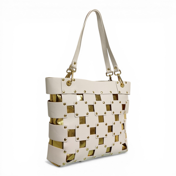 borsa in vera pelle mbrc modello square di colore bianco e oro codice h143.