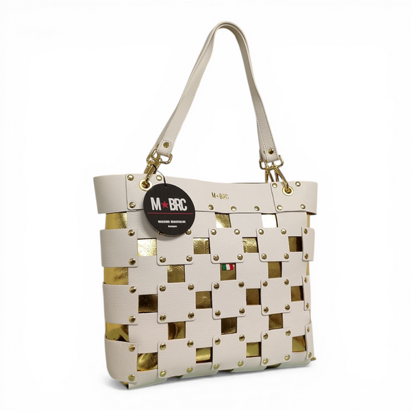 borsa in vera pelle mbrc modello square di colore bianco e oro codice h143.