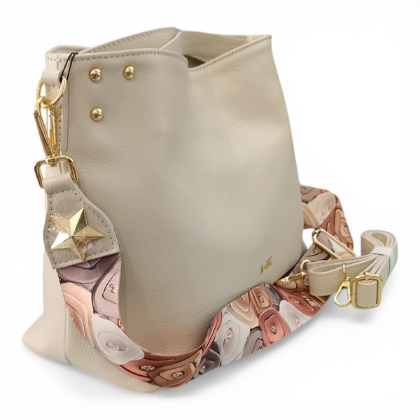 Borsa a mano in vera pelle mbrc modello oona h072 di colore avorio con doppia tracolla.