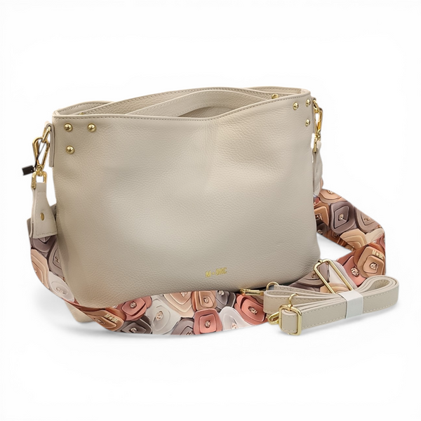 Borsa a mano in vera pelle mbrc modello oona h072 di colore avorio con doppia tracolla.