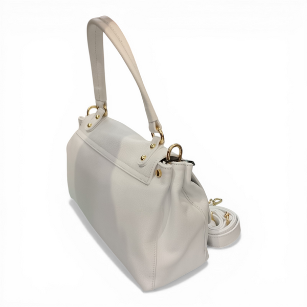 Borsa in vera pelle mbrc colore bianco modello obona codice h057 con ampio manico per portarla a spalla e doppia tracolla.