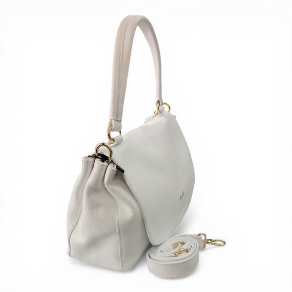 Borsa in vera pelle mbrc colore bianco modello obona codice h057 con ampio manico per portarla a spalla e doppia tracolla.