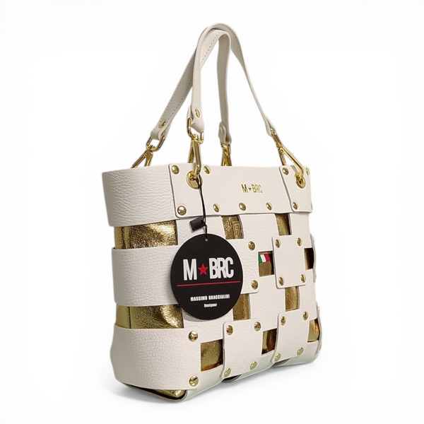 borsa in vera pelle mbrc modello square colore bianco oro codice h144.