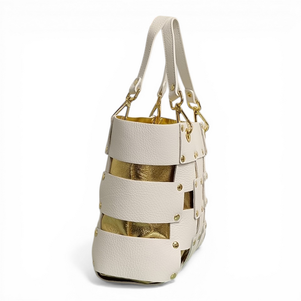 borsa in vera pelle mbrc modello square colore bianco oro codice h144.
