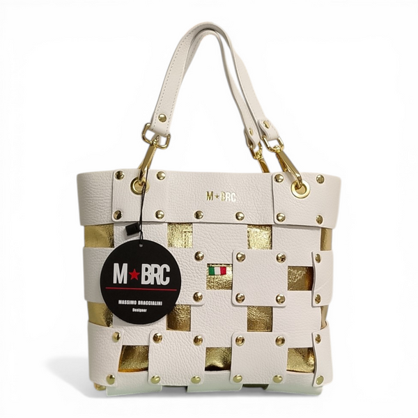 borsa in vera pelle mbrc modello square colore bianco oro codice h144.