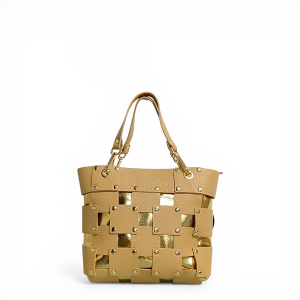 borsa in vera pelle mbrc modello square colore avorio e oro codice h143.