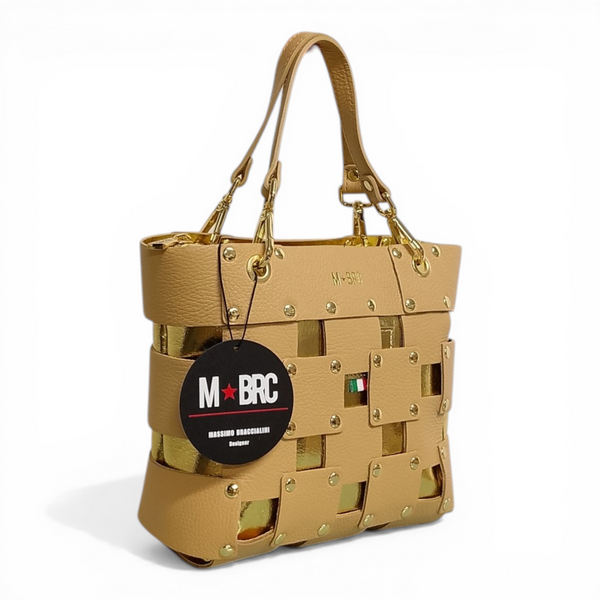 borsa in vera pelle mbrc modello square colore avorio e oro codice h143.