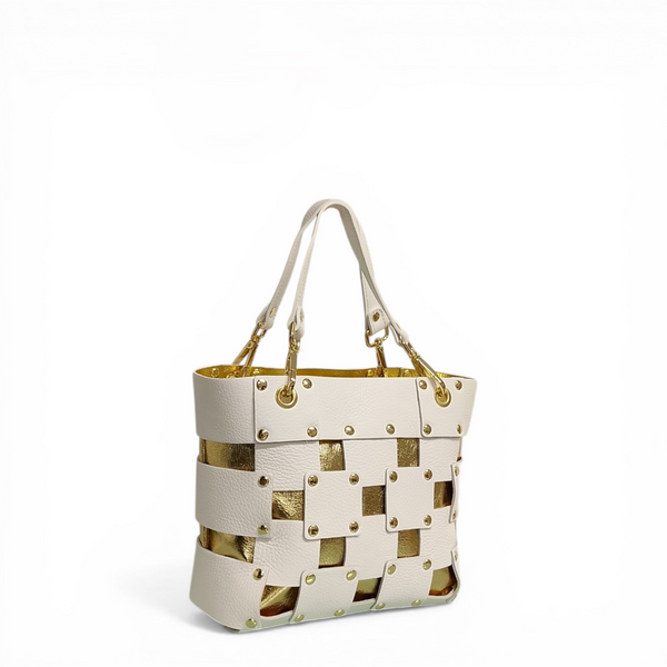 borsa in vera pelle mbrc modello square colore bianco oro codice h144.