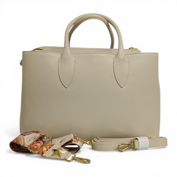 Borsa a mano in vera pelle mbrc di colore bianco con doppia tracolla modello obona codice h057.