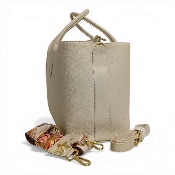 Borsa a mano in vera pelle mbrc di colore bianco con doppia tracolla modello obona codice h057.