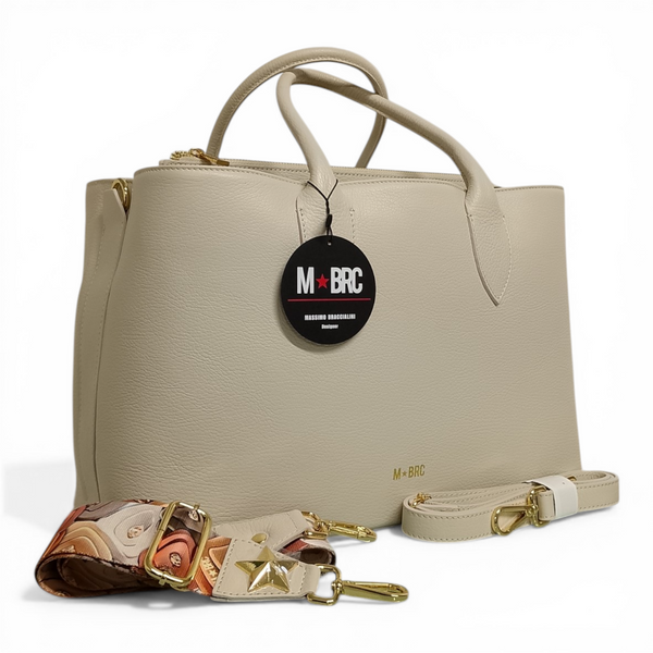 Borsa a mano in vera pelle mbrc di colore bianco con doppia tracolla modello obona codice h057.