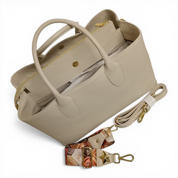 Borsa a mano in vera pelle mbrc di colore bianco con doppia tracolla modello obona codice h057.